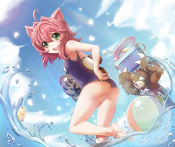 Rule 34 | 1girl, :d, adjusting clothes, adjusting swimsuit, ahoge, animal ears, annie (league of legends), arms up, ass, ball, barefoot, baseball bat, beachball, bear, breasts, cat ears, cooler, day, dutch angle, glowing, hair between eyes, highres, holding, innertube, league of legends, lens flare, one-piece swimsuit, open mouth, outdoors, petals, red hair, school swimsuit, sky, small breasts, smile, sora (dkssud6580), sparkle, standing, stuffed animal, stuffed toy, sun, sunlight, swim ring, swimsuit, teddy bear, tibbers, water