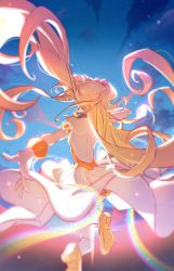 Rule 34 | 1girl, absurdres, backless dress, backless outfit, bracelet, cloud, dress, floating hair, from behind, gloves, high heels, highres, honla, jewelry, long hair, open hand, orange dress, rainbow, seeu, sky, solo, two side up, very long hair, vocaloid, white gloves, yellow footwear