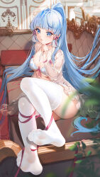 Rule 34 | 1girl, alternate costume, ayaka (genshin impact), baisi shaonian, bikini, blue eyes, blue hair, blunt bangs, blunt tresses, blurry, blurry foreground, blush, breasts, choker, couch, depth of field, feet, flower knot, frills, front-tie bikini top, front-tie top, full body, genshin impact, hair ribbon, halterneck, hand on own chin, high ponytail, highres, lace, lace-trimmed legwear, lace-trimmed thighhighs, lace trim, leaf, legs, light particles, long hair, long sleeves, looking at viewer, medium breasts, mole, mole under eye, no shoes, on couch, open clothes, plant, reclining, red ribbon, ribbon, see-through, see-through legwear, sidelighting, sidelocks, sitting, solo, string bikini, swimsuit, thighhighs, thighs, toes, tress ribbon, underboob, very long hair, white bikini, white choker, white thighhighs