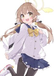 Rule 34 | 1girl, :d, absurdres, backpack, bag, black pantyhose, blue archive, blue sailor collar, blue skirt, blush, bow, brown eyes, brown hair, cardigan, commentary request, halo, hand up, hifumi (blue archive), highres, long hair, long sleeves, looking at viewer, low twintails, open mouth, pantyhose, pinching sleeves, pleated skirt, sailor collar, shoes, simple background, skirt, sleeves past wrists, smile, solo, suta0822, teeth, twintails, upper teeth only, very long hair, white background, white cardigan, white footwear, wing hair ornament, yellow bow