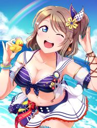 Rule 34 | 1girl, absurdres, bikini, birthday, blue eyes, breasts, cleavage, cloud, cloudy sky, collarbone, commentary, earrings, highres, jewelry, light brown hair, looking at viewer, love live!, love live! sunshine!!, medium breasts, miniskirt, ocean, one eye closed, rainbow, rubber duck, short hair, sidelocks, skirt, sky, solo, swimsuit, tsumikiy, watanabe you