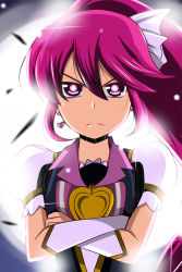 Rule 34 | 10s, 1girl, aino megumi, bow, brooch, crossed arms, cure lovely, earrings, gunbuster pose, hair ribbon, happinesscharge precure!, heart, heart brooch, heart earrings, highres, jewelry, long hair, looking at viewer, nishi koutarou, pink bow, pink eyes, pink hair, ponytail, precure, ribbon, solo, upper body, very long hair, wide ponytail