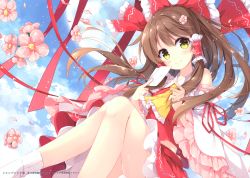 Rule 34 | 1girl, absurdres, bare shoulders, blue sky, blush, brown eyes, brown hair, closed mouth, cloud, cloudy sky, day, detached sleeves, dress, fingernails, hair ornament, hair tubes, hakurei reimu, highres, holding, long hair, looking at viewer, mochizuki shiina, outdoors, petals, scan, shiny skin, short dress, sitting, sky, smile, solo, touhou, white legwear, wide sleeves