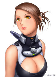 Rule 34 | 1girl, breasts, brown hair, cleavage, console, controller, ryu (ryu&#039;s form site), short hair, solo, yellow eyes