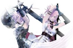 Rule 34 | 1girl, armor, armpits, asymmetrical clothes, breastplate, cape, cofffee, dual persona, feather skirt, final fantasy, final fantasy xiii, final fantasy xiii-2, fingerless gloves, gloves, hair over one eye, lightning farron, looking at viewer, pink hair, shield, sleeveless, square enix, sword, upper body, weapon
