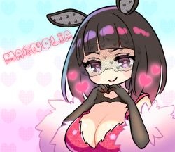Rule 34 | 1girl, animal ears, bad id, bad pixiv id, black gloves, black hair, blue background, breasts, character name, cleavage, closed mouth, commentary request, dress, elbow gloves, fallout (series), fallout shelter online, feather boa, gloves, gradient background, grey eyes, hands up, heart, heart-shaped pupils, heart background, heart hands, long hair, magnolia (fallout shelter online), mashiro miru, medium breasts, pink background, red dress, see-through, sleeveless, sleeveless dress, smile, solo, symbol-shaped pupils, upper body, v-shaped eyebrows