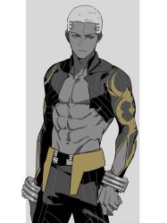 Rule 34 | 1boy, abs, black jacket, black pants, closed mouth, commentary request, cornrows, dark-skinned male, dark skin, emiya alter, expressionless, fate/grand order, fate (series), feet out of frame, grey background, ichimatsuinfo, jacket, long sleeves, looking at viewer, male focus, multicolored background, pants, pectorals, short hair, solo, very short hair, white background, white hair, yellow eyes