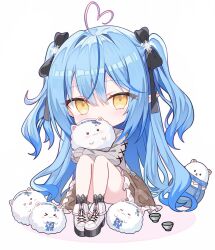 Rule 34 | 1girl, ahoge, ankle socks, black ribbon, black socks, blue hair, brown dress, cardigan, chibi, choko (cup), colored tips, covered mouth, creature, cross-laced clothes, cross-laced sleeves, cup, daifuku (yukihana lamy), double-parted bangs, dress, fold-over boots, frilled dress, frills, grey cardigan, hair between eyes, hair ribbon, heart, heart ahoge, highres, holding, holding creature, hololive, knees up, long hair, medium dress, multicolored hair, official alternate costume, official alternate hairstyle, plaid, plaid dress, pleated dress, pointy ears, ribbon, rin yuu, sitting, socks, streaked hair, two side up, very long hair, virtual youtuber, white footwear, yellow eyes, yukihana lamy, yukihana lamy (casual), yukimin (yukihana lamy)