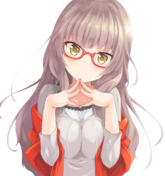 Rule 34 | 1girl, blush, breasts, brown eyes, brown hair, closed mouth, collarbone, glasses, hazuki shizuku, kurai masaru, large breasts, long hair, looking at viewer, new game!, smile, solo, steepled fingers, upper body