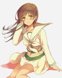 Rule 34 | 1girl, belly, blush, breasts, brown hair, crop top, green eyes, green theme, long hair, looking at viewer, midriff, navel, pale skin, school uniform, simple background, sitting, skirt, small breasts, smile, solo, white background, white theme