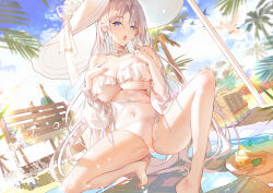 Rule 34 | 1girl, absurdres, azur lane, bare legs, bare shoulders, barefoot, basket, bikini, bird, bloom, blue eyes, blue sky, bottle, breasts, cake, cake slice, chinese commentary, choker, cleavage, cloud, commentary request, cross, cross choker, crotch, day, detached sleeves, dutch angle, food, foot out of frame, frilled bikini, frills, hand on own chest, hands up, hat, heel up, highres, index finger raised, large breasts, leaf, legs, light brown hair, long hair, long sleeves, looking at viewer, navel, official alternate costume, open mouth, outdoors, palm leaf, palm tree, parted bangs, plate, pointing, pointing at self, puffy long sleeves, puffy sleeves, see-through, see-through sleeves, side-tie bikini bottom, sky, solo, spread legs, stomach, sun hat, swimsuit, thighs, toes, tree, underboob, very long hair, white bikini, white bird, white choker, white hat, white sleeves, xiongshouji, yorktown (azur lane), yorktown ii (azur lane), yorktown ii (bright-sky mermaid) (azur lane)