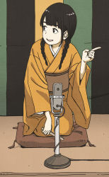 Rule 34 | 1girl, black eyes, black hair, braid, cable, colored skin, curtains, cushion, full body, grin, highres, holding, hosoo, japanese clothes, kimono, kneeling, long sleeves, looking to the side, microphone, microphone stand, original, pillow, pointing, rakugo, sash, sidelocks, smile, solo, twin braids, white skin, wide sleeves, wire, zabuton