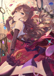 Rule 34 | 10s, 1girl, blue eyes, blurry, bow, brown hair, depth of field, dress, elbow gloves, finger to mouth, gem, gloves, hair bow, ichinose shiki, idolmaster, idolmaster cinderella girls, idolmaster cinderella girls starlight stage, long hair, petals, red dress, solo, terumii, two side up, wavy hair