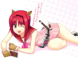 Rule 34 | 1girl, belt, brand name imitation, candy, chocolate, chocolate bar, drill, flute, food, gin (ginshari), gloves, hairband, instrument, meiji (brand), nontraditional school swimsuit, one-piece swimsuit, one eye closed, original, pink one-piece swimsuit, recorder, red hair, sailor collar, school swimsuit, solo, swimsuit, takeguchi nonomi, valentine, wink