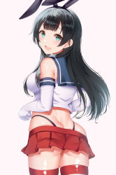 Rule 34 | 1girl, absurdres, agano (kancolle), alternate costume, aqua eyes, ass, black hair, black panties, blue sailor collar, blush, breasts, butt crack, cosplay, elbow gloves, from behind, gloves, hairband, head tilt, highleg, highleg panties, highres, interstellar, kantai collection, large breasts, long hair, medium breasts, microskirt, miniskirt, open mouth, panties, pink background, pleated skirt, red skirt, sailor collar, shimakaze (kancolle), shimakaze (kancolle) (cosplay), simple background, skirt, smile, solo, striped clothes, striped thighhighs, thighhighs, thong, underwear, white gloves