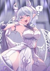 Rule 34 | 1girl, blush, breasts, cleavage, demimushi, demon girl, demon horns, demon wings, dress, duel monster, grey eyes, highres, horns, large breasts, leotard, leotard under clothes, looking at viewer, lovely labrynth of the silver castle, low wings, multiple wings, pointy ears, smile, solo, thighhighs, transparent wings, twintails, white hair, white horns, wings, yu-gi-oh!