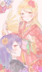 Rule 34 | 2girls, ayase eli, blonde hair, blue eyes, blue hair, blush, braid, commentary request, flower, folding fan, hair between eyes, hair flower, hair ornament, hand fan, highres, japanese clothes, kimono, long hair, looking at viewer, love live!, love live! school idol project, multiple girls, one-hour drawing challenge, shijimi kozou, sonoda umi, wide sleeves, yellow eyes