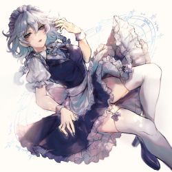 Rule 34 | 1girl, absurdres, apron, blue dress, blue eyes, blue footwear, blue nails, blue ribbon, braid, breasts, commentary request, dress, eyebrows hidden by hair, floating, foot out of frame, garter straps, hair between eyes, hand up, high heels, highres, izayoi sakuya, kyogoku-uru, lips, looking at viewer, maid, maid apron, maid headdress, medium breasts, medium hair, nail polish, neck ribbon, parted lips, petticoat, puffy short sleeves, puffy sleeves, ribbon, short sleeves, side braids, silver hair, simple background, solo, star (symbol), thighhighs, touhou, white background, white thighhighs, wrist cuffs