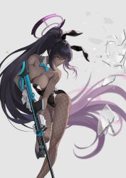 Rule 34 | 1girl, absurdres, animal ears, arm tattoo, black leotard, blue archive, bow, bowtie, breasts, covered navel, detached collar, fake animal ears, fishnet pantyhose, fishnets, grey background, gun, halo, high heels, highleg, highres, holding, holding weapon, karin (blue archive), karin (bunny) (blue archive), large breasts, leotard, liyc, multicolored hair, pantyhose, playboy bunny, purple halo, rabbit ears, rifle, strapless, strapless leotard, streaked hair, tattoo, weapon, wrist cuffs, yellow eyes