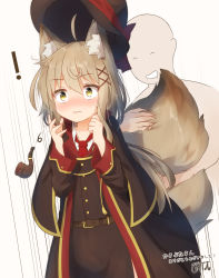 Rule 34 | !, 1boy, 1girl, ^ ^, ahoge, animal ear fluff, animal ears, black coat, black skirt, black vest, blush, brown background, brown hair, closed eyes, closed mouth, coat, collared shirt, commentary request, coreytaiyo, dated, drooling, hair between eyes, hair ornament, hands up, highres, hugging another&#039;s tail, long hair, long sleeves, mouth drool, necktie, nose blush, open clothes, open coat, original, red neckwear, shirt, signature, skirt, smoking pipe, solo focus, surprised, tail, hugging tail, translation request, very long hair, vest, wavy mouth, white shirt, wide sleeves, x hair ornament, yellow eyes