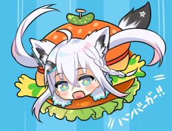 Rule 34 | + +, 1girl, ahoge, animal ears, bad id, bad twitter id, blue background, blush, burger costume, commentary request, fall guys, falling, fox ears, fox girl, fox tail, fur trim, green eyes, hair between eyes, hair ornament, hairclip, heart, heart in mouth, hololive, long hair, mashiro miru, open mouth, shirakami fubuki, sidelocks, simple background, solo, tail, twintails, virtual youtuber, white hair
