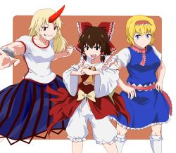 Rule 34 | 3girls, aasamu, alice margatroid, artistic error, ascot, blonde hair, bloomers, blue dress, blue eyes, blue skirt, bow, breasts, closed mouth, commentary request, cookie (touhou), cuffs, detached sleeves, dress, feet out of frame, fist in hand, frilled bow, frilled dress, frilled hair tubes, frilled hairband, frilled legwear, frilled neckwear, frilled sash, frilled shirt collar, frills, grin, hair bow, hair tubes, hairband, hakurei reimu, highres, horns, hoshiguma yuugi, kanna (cookie), long hair, looking at viewer, medium breasts, multiple girls, necktie, open mouth, orange background, osanai (cookie), pink necktie, pink sash, red bow, red hairband, red shirt, red skirt, ribbon-trimmed sleeves, ribbon trim, sakuranbou (cookie), sash, shackles, shirt, short hair, showgirl skirt, single horn, skirt, sleeveless, sleeveless dress, smile, socks, striped clothes, striped skirt, touhou, two-tone background, underwear, vertical-striped clothes, vertical-striped skirt, white background, white shirt, white sleeves, yellow ascot, yellow bow
