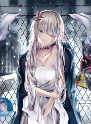 Rule 34 | 1girl, anastasia (fate), barbed wire, blue cloak, blue coat, blue eyes, blue gemstone, blurry, blurry background, blush, breasts, brown hairband, chain-link fence, cloak, coat, collarbone, depth of field, dress, eien no juu nana-sai, english text, fate/grand order, fate (series), fence, gem, green eyes, hair ornament, hair over one eye, hairband, head tilt, holding own arm, jacket, jacket on shoulders, jewelry, leaf hair ornament, long hair, looking at viewer, necklace, night, outdoors, parted lips, sidelocks, sign, silver hair, skull and crossbones, snow, snowing, solo, strapless, strapless dress, very long hair, warning sign, white dress