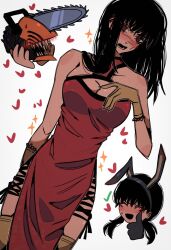 Rule 34 | 31ulkubo, black gloves, black hair, chainsaw devil, chainsaw man, china dress, chinese clothes, cleavage cutout, clothing cutout, dress, gloves, highres, long hair, mitaka asa, nervous, red dress, scar, scar on face, smile, thighhighs, twintails, yoru (chainsaw man)