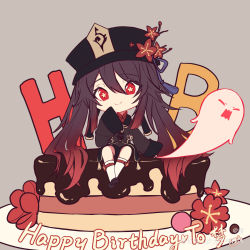 Rule 34 | 1girl, black hat, brown hair, cake, chibi, chinese clothes, chinese commentary, chocolate, closed mouth, collared shirt, colored tips, commentary request, fan (blackpanda), flower, food, genshin impact, ghost, grey background, hair between eyes, happy birthday, hat, hat flower, highres, hu tao (genshin impact), long hair, looking at viewer, multicolored hair, porkpie hat, red eyes, red flower, seiza, shirt, shoes, simple background, sitting, sitting on food, sleeves past fingers, sleeves past wrists, smile, socks, solo, symbol-shaped pupils, twintails, very long hair, white socks