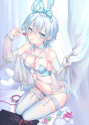 Rule 34 | 1girl, animal ears, bandaid, bandaid on breast, bare shoulders, bikini, blue bikini, blue choker, breasts, candy, candy wrapper, choker, cleavage, collar, collarbone, curtains, fake animal ears, food, garter straps, highres, holding, holding candy, holding food, holding lollipop, leash, leotard, lollipop, long sleeves, medium breasts, navel, o-ring, o-ring top, off shoulder, open clothes, open shirt, original, parufeito, playboy bunny, rabbit ears, shirt, sign, sitting, solo, stomach, swimsuit, thighhighs, white bikini, white shirt, white thighhighs, yokozuwari