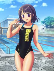 Rule 34 | 1girl, blue sky, competition swimsuit, mizuno (brand), one-piece swimsuit, pool, purple eyes, sky, swimsuit