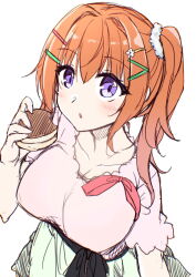 Rule 34 | 1girl, blush, breasts, cafe stella to shinigami no chou, cleavage, collarbone, commentary, eyelashes, eyes visible through hair, food, green skirt, hair between eyes, hair ornament, hair scrunchie, hairclip, hand up, highres, holding, holding food, imagawayaki, large breasts, long hair, looking at viewer, orange hair, oruto (ort+), parted lips, pink shirt, purple eyes, red ribbon, ribbon, scrunchie, shirt, short sleeves, side ponytail, simple background, sketch, skirt, solo, sumizome nozomi, upturned eyes, white background, wrist scrunchie