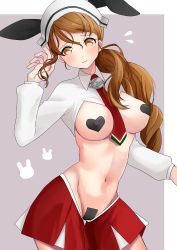 Rule 34 | 1girl, absurdres, adapted costume, animal ears, blush, brown eyes, brown hair, closed mouth, cowboy shot, fake animal ears, groin, heart pasties, highres, kantai collection, littorio (kancolle), long hair, long sleeves, meme attire, navel, necktie, pasties, pleated skirt, ponytail, rabbit ears, red neckwear, red skirt, reverse bunnysuit, reverse outfit, signature, skirt, toriniku senshi chikinman, two-tone background, wavy hair
