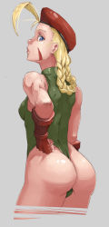 Rule 34 | 1girl, ahoge, ass, bad deviantart id, bad id, bankage, beret, blonde hair, blue eyes, braid, breasts, cammy white, cowboy shot, cropped legs, fingerless gloves, from behind, from side, gloves, hand on own hip, hat, highres, huge ahoge, leotard, long hair, looking back, scar, small breasts, solo, street fighter, thong leotard, toned, twin braids