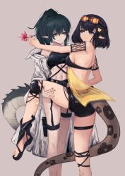 Rule 34 | 2girls, absurdres, alternate hairstyle, arknights, bandeau, black hair, black shorts, blue eyes, breasts, brown eyes, commentary request, crocodilian tail, eunectes (arknights), flower, gavial (arknights), goggles, goggles on head, grey background, highres, holding, holding flower, knee pads, lewenxijian, looking at another, medium breasts, multiple girls, nail polish, navel, official alternate costume, pointy ears, ponytail, red flower, short hair, short shorts, shorts, simple background, snake tail, standing, stomach, tail, thigh strap, thighs