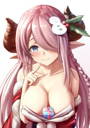 Rule 34 | 1girl, absurdres, bare shoulders, between breasts, blue eyes, blush, box, braid, breasts, christmas, cleavage, demon horns, draph, eyebrows, finger to face, finger to own chin, gift, gift box, granblue fantasy, hair ornament, hair over one eye, heart, heart-shaped pupils, highres, horns, huge breasts, large breasts, light purple hair, long hair, looking at viewer, narmaya (granblue fantasy), pointy ears, purple hair, santa costume, simple background, single braid, snowman, snowman hair ornament, solo, symbol-shaped pupils, user rymn2453, very long hair, white background
