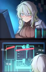 Rule 34 | 1girl, blonde hair, blue eyes, blush, can, computer, crazy eyes, energy drink, faust (project moon), grey hair, highres, lab coat, limbus company, lobotomy corporation, monitor, monster energy, mu46016419, multicolored hair, project moon, sweat, sweatdrop, sweater, turtleneck, turtleneck sweater