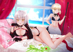 Rule 34 | 2girls, ahoge, apron, artoria pendragon (alter swimsuit rider) (fate), artoria pendragon (alter swimsuit rider) (second ascension) (fate), artoria pendragon (fate), bare arms, bare shoulders, bed, bikini, black bikini, black skirt, blonde hair, breasts, choker, cleavage, cup, curtains, drinking glass, fate/grand order, fate (series), frilled choker, frills, halterneck, holding, jeanne d&#039;arc alter (swimsuit berserker) (fate), jeanne d&#039;arc (fate), jeanne d&#039;arc alter (fate), jeanne d&#039;arc alter (swimsuit berserker) (fate), large breasts, long hair, looking at viewer, maid, maid apron, maid bikini, maid headdress, miniskirt, multiple girls, naomi (fantasia), navel, o-ring, o-ring bikini, on bed, open mouth, short hair, shrug (clothing), silver hair, skirt, spill, stomach, string bikini, swimsuit, thighs, unconventional maid, very long hair, waist apron, window, yellow eyes