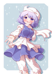 Rule 34 | 1girl, apron, arinu, arms up, blue background, blue eyes, blue skirt, blue vest, breasts, commentary request, contrapposto, cowboy shot, drop shadow, hair between eyes, hand on own chest, hat, high collar, highres, juliet sleeves, knickers, large breasts, letty whiterock, light purple hair, long sleeves, looking at viewer, open hand, open mouth, pants, pin, puffy sleeves, reaching, reaching towards viewer, scarf, shirt, short hair, skirt, smile, solo, sparkle, touhou, vest, waist apron, white pants, white scarf, white shirt