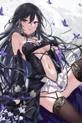 Rule 34 | 1girl, absurdres, bai winchester, bare shoulders, black dress, black gloves, black hair, black sleeves, black thighhighs, black wristband, breasts, bug, butterfly, chinese commentary, cleavage, closers, clothing cutout, commentary request, detached sleeves, devil heavens, dress, field, flower, garter straps, gloves, hair between eyes, halter dress, halterneck, highres, insect, large breasts, light blush, long hair, looking at viewer, navel, navel cutout, parted lips, purple eyes, sitting, solo, thighhighs, white background