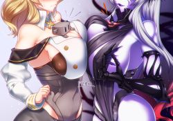 Rule 34 | 2girls, abyssal ship, armor, black skirt, breast press, breasts, character request, cleavage, detached sleeves, gauntlets, high heels, houston (kancolle), kantai collection, large breasts, light brown hair, long hair, mochitsuki (mo chooon), multiple girls, open mouth, pale skin, sidelocks, skirt, smile, thighs, very long hair