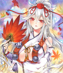 Rule 34 | 1girl, artist name, at classics, blush, breasts, closed mouth, detached sleeves, hair between eyes, hand fan, hat, hauchiwa, holding, holding fan, large breasts, leaf, long hair, looking at viewer, original, pointy ears, pom pom (clothes), ponytail, red eyes, sample watermark, sidelocks, solo, tokin hat, traditional media, upper body, watermark, white hair