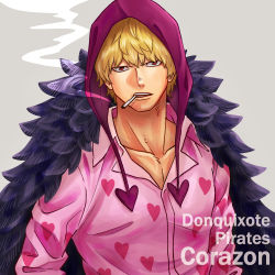 Rule 34 | 1boy, absurdres, blonde hair, cigarette, collared shirt, commentary request, donquixote rocinante, heart, heart print, highres, hood, male focus, one piece, pink shirt, shirt, short hair, solo, toyoura (23066494)