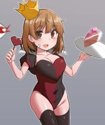 Rule 34 | 1girl, ahoge, alice in wonderland, bandaid, bandaid on face, black thighhighs, blurry, breasts, brown eyes, brown hair, cake, cleavage, commentary request, cosplay, cowboy shot, crown, depth of field, food, grey background, highres, kantai collection, looking at viewer, medium breasts, multicolored leotard, oboro (kancolle), plate, queen of hearts (alice in wonderland), queen of hearts (alice in wonderland) (cosplay), short hair, simple background, solo, thighhighs, wand, yuki to hana