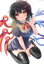 Rule 34 | 1girl, absurdres, ahoge, asymmetrical wings, between legs, black dress, black hair, black thighhighs, blue wings, breasts, center frills, closed mouth, dress, frills, hand between legs, highres, houjuu nue, looking at viewer, medium breasts, medium hair, ramudia (lamyun), red eyes, red neckwear, red wings, seiza, simple background, sitting, smile, solo, thighhighs, touhou, twitter username, white background, wings