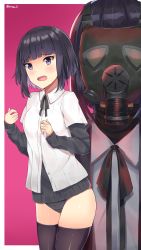 Rule 34 | 1girl, absurdres, artist name, black hair, black panties, black thighhighs, blue eyes, blush, breasts, gas mask, highres, joshikousei no mudazukai, kujou hisui, looking at viewer, mask, medium breasts, open mouth, panties, purple background, rinse 7, shiny clothes, shirt, short hair, simple background, solo, sweater, thighhighs, underwear, wavy mouth, white shirt
