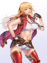Rule 34 | 1girl, armor, bad id, bad pixiv id, belt, blonde hair, blue eyes, breasts, covered erect nipples, final fantasy, final fantasy xiv, fingerless gloves, gloves, greaves, hand on own hip, highres, kacyu, looking at viewer, lyse hext, short shorts, shorts, sleeveless, sleeveless jacket, smile, solo, thighs