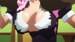Rule 34 | 1girl, animated, animated gif, bear, bouncing breasts, bra, breasts, bursting breasts, carrying, cleavage, collarbone, head out of frame, indoors, kuma (2ch), large breasts, maid, maken-ki!, nipples, puffy sleeves, red hair, shinatsu azuki, shiny skin, short hair, short sleeves, standing, table, takami akio, torn clothes, underwear, wardrobe malfunction, white bra, wrist cuffs
