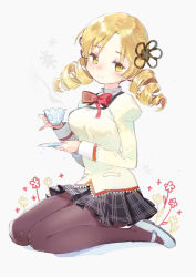 Rule 34 | 1girl, black skirt, blonde hair, blush, bow, bowtie, breasts, closed mouth, commentary request, cup, drill hair, flower, full body, grey background, hair flower, hair ornament, head tilt, highres, holding, holding cup, juliet sleeves, legs, light smile, long hair, long sleeves, looking at viewer, macciatto (aciel02), mahou shoujo madoka magica, mahou shoujo madoka magica (anime), mary janes, medium breasts, miniskirt, pantyhose, parted bangs, pinky out, plaid, plaid skirt, pleated skirt, puffy sleeves, purple pantyhose, red bow, red bowtie, saucer, school uniform, shoes, simple background, sitting, skirt, smile, solo, steam, teacup, thighs, tomoe mami, twin drills, twintails, uwabaki, wariza, white background, white footwear, yellow eyes