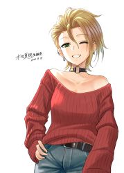 Rule 34 | 1girl, ;d, bare shoulders, belt, belt buckle, black choker, blonde hair, blush, buckle, character request, check character, choker, collarbone, commentary request, cowboy shot, dated, denim, ear piercing, green eyes, grin, hand on own hip, highres, idolmaster, idolmaster cinderella girls, jeans, kimura natsuki, long sleeves, looking at viewer, o-ring, o-ring choker, off-shoulder sweater, off shoulder, one eye closed, open mouth, pants, piercing, red sweater, short hair, simple background, sin moriyama, smile, solo, sweater, teeth, translation request, white background